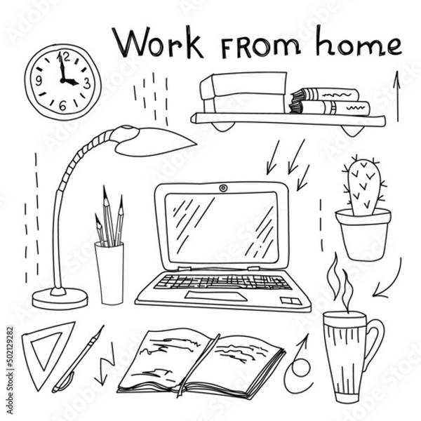 Fototapeta Workplace set with open laptop. Vector illustration in doodle style.