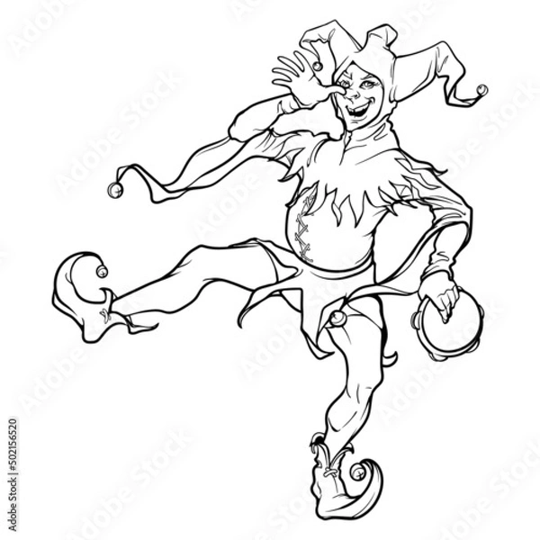 Obraz Jester or royal fool dances balancing on one foot making faces and playing tamburine. Medieval gothic style character. Black line drawing isolated on white background. EPS10 vector illustration