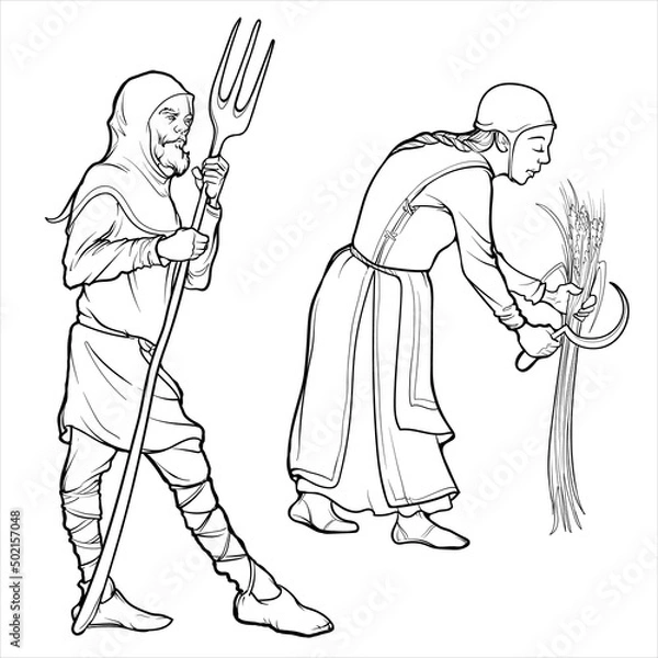 Fototapeta Średniowieczni mężczyzna i kobiety zajmujący się kobietą pracującymi w terenie. Medieval Gothic Concept Art. Element projektowy. Rysunek czarnej linii na białym tle. Ilustracja wektorowa EPS10