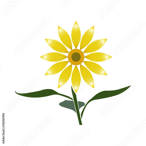 Fototapeta Sunflower flower with stem and three leaves, icon.