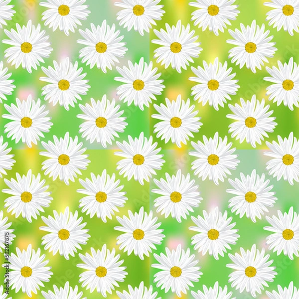 Fototapeta The chamomile flower. Seamless floral texture white of Daisy flower on an abstract background in the form of alternating green squares, geometric pattern.