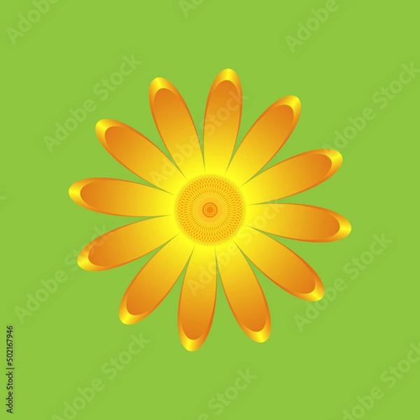 Fototapeta The chamomile flower. Single flower orange calendula made of simple geometric shapes on a green background, icon