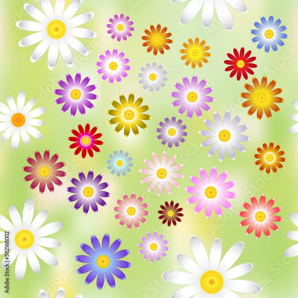 Fototapeta The chamomile flowers.  Floral pattern of Daisy flower different colors on a green abstract background, seamless texture