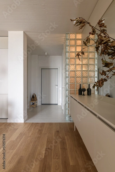 Obraz modern loft style apartment, living room in modern studio apartment, glass blocks in the loft interior