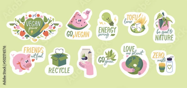 Fototapeta Vector illustration set of ecology stickers with quotes -vegan, zero waste, recycle, eco friendly, environment protection.