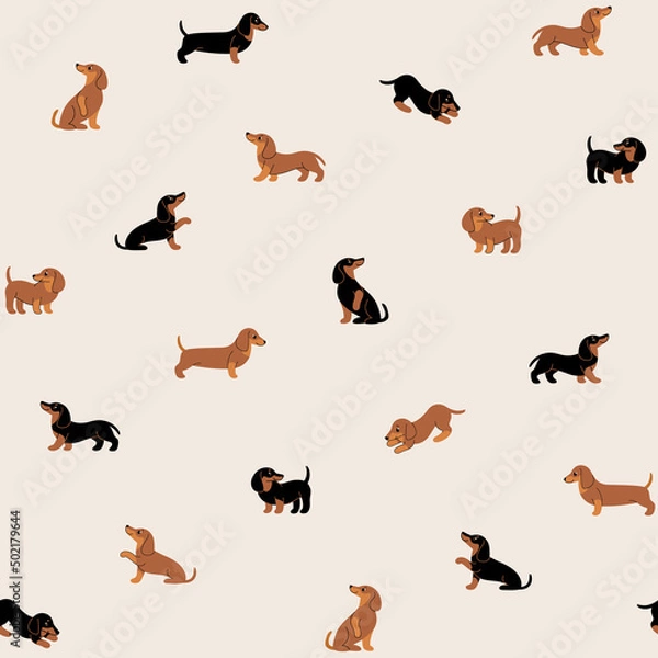 Fototapeta Cartoon happy dachshund - seamless trendy pattern with dogs in various poses. Flat vector illustration for prints, clothing, packaging and postcards.