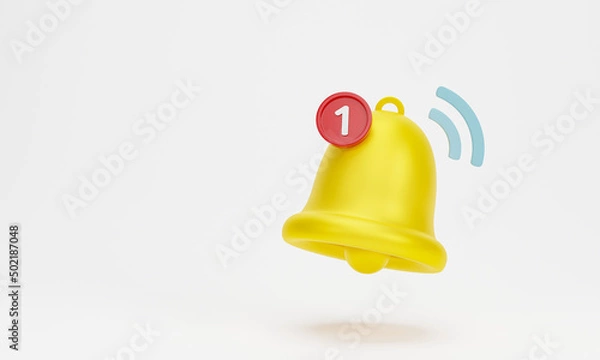 Fototapeta 3D rendering, 3D illustration. Yellow notification bell is ringing with one new notification on white background. Minimal social media element.