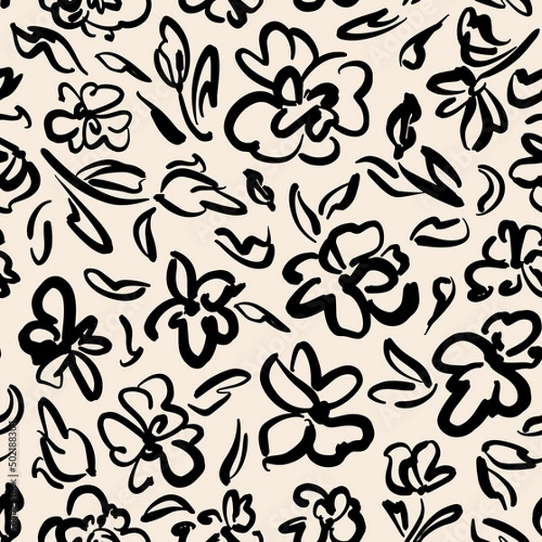 Obraz Abstract painted modern flowers with leaves seamless repeat pattern. Random placed, contemporary vector botanical drawning all over surface print on beige background. 