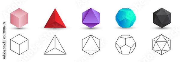 Fototapeta Set of colorful vector editable 3D platonic solids isolated on white background. Mathematical geometric figures such as cube, tetrahedron, octahedron, dodecahedron, icosahedron. Icon, logo, button.