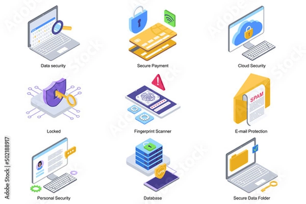 Fototapeta Data security concept 3d isometric icons set. Pack elements of secure payment, locked, fingerprint scanner, email protection, database and secure folder. Vector illustration in modern isometry design