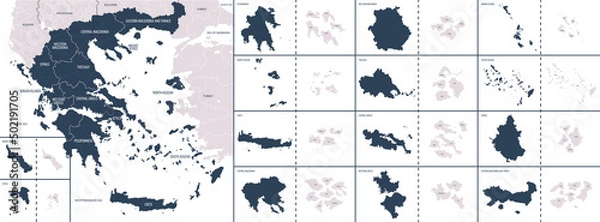 Obraz Vector color detailed map of Greece with the administrative divisions of the country, each Regions is presented separately and divided into municipalities