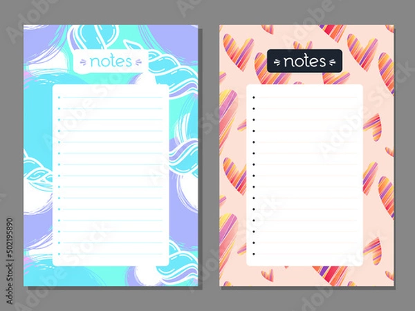 Fototapeta Set of summer multicolored notes list with abstract illustrations, sea shell, heart. Works well as  planner, organizer, market list, to do list. Vector background. Business or education shedule page.