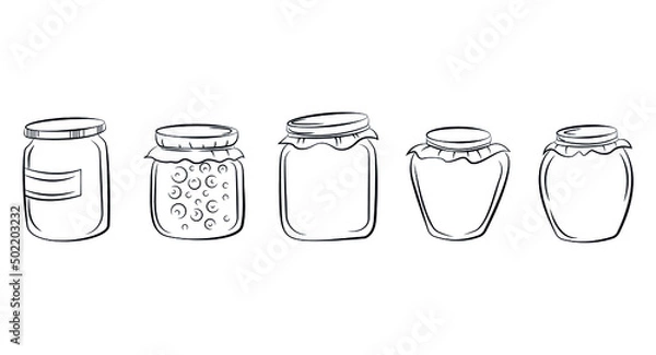 Fototapeta Collection of vector black and white jars with lids. Flat illustration, sketch.