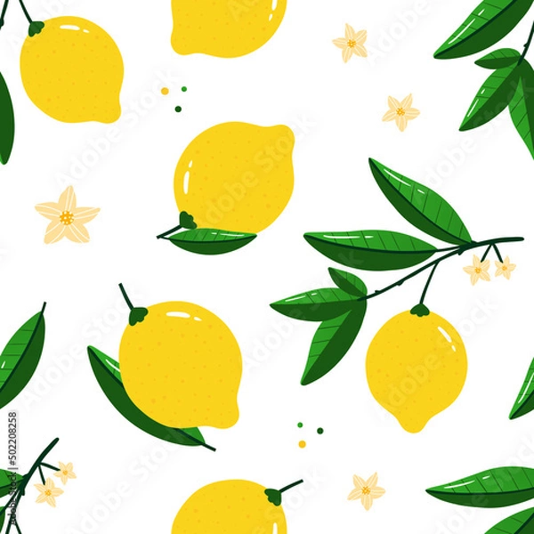 Fototapeta Fresh yellow lemons and lemons hanging on branches vector seamless pattern background for food and nature design.