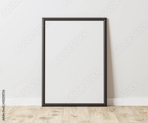 Fototapeta Blank Vertical black frame on wooden floor with white wall, 3:4 ratio, 30x40 cm, 18x24 inches, poster frame mock up, 3d rendering