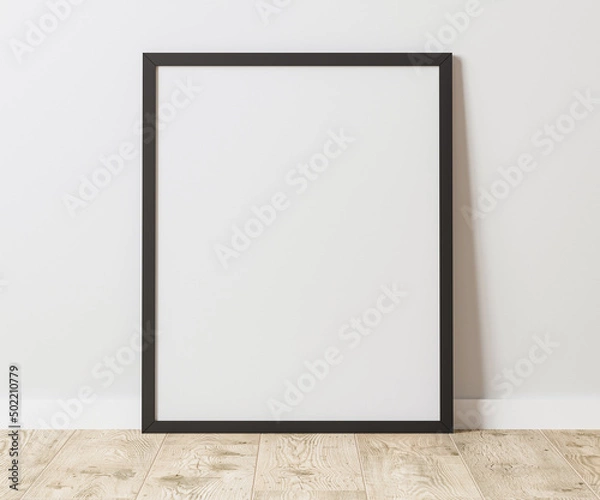 Fototapeta Blank Vertical black frame on wooden floor with white wall, 4:5 ratio - 40x50 cm, 16 x 20 inches, poster frame mock up, 3d rendering