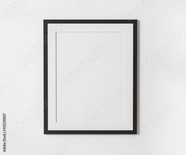 Fototapeta Black blank frame with mat on white wall mockup, 4:5 ratio - 40x50 cm, 16 x 20 inches, poster frame mockup, 3d rendering
