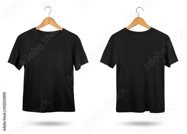 Fototapeta Blank black T-shirt mock up with coat hanger isolated on white background. Front and back view.