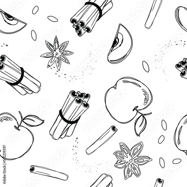 Fototapeta Apple with cinnamon seamless pattern.