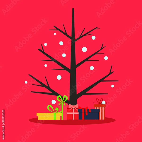 Obraz Christmas background with decorated tree and gift boxes , flat vector illustration.