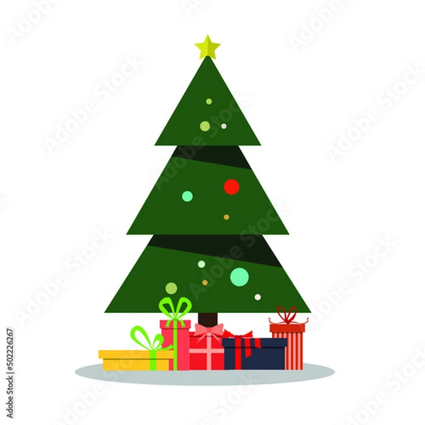 Obraz Christmas background with decorated tree and gift boxes , flat vector illustration.