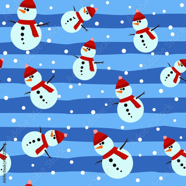 Obraz Snowman Seamless Pattern Background, Flat Christmas Vector illustration