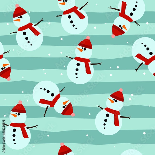 Obraz Snowman Seamless Pattern Background, Flat Christmas Vector illustration