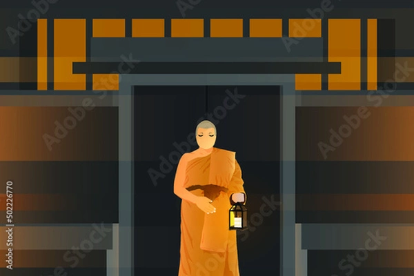 Obraz Thai monk holding a lantern, flat vector illustration
