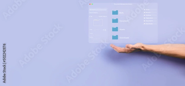 Fototapeta Document management concept. Virtual screen icons Document Management System DMS Online document database, software for efficient archiving, searching and management of company files and data.