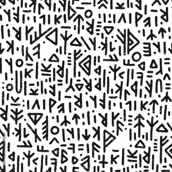 Obraz Runic seamless pattern, black white runes - Scandinavian gothic folk art. Ethnic Norwegian Icelandic background. Runic talismans of the Vikings. Magic and magical runes. Pagan signs. Futhark. 