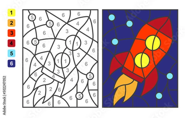 Fototapeta Vector coloring page Color by numbers rocket. Puzzle game for children education and activities