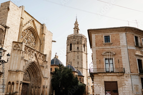 Obraz Part of the Valencia Cathedral with the Miguelete (or Micalet) tower from the Plaza de la Virgen.