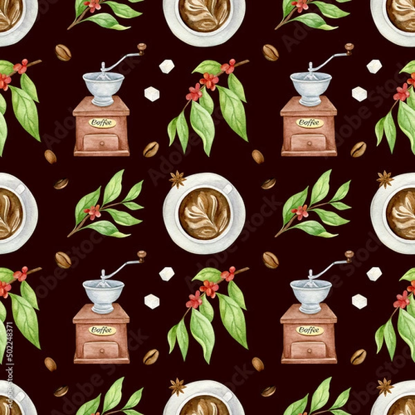 Fototapeta watercolor seamless pattern with coffee