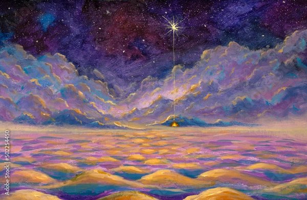 Fototapeta Fantasy cosmic art on another planet painting space waves, clouds and starry space illustration art for greeting card or book