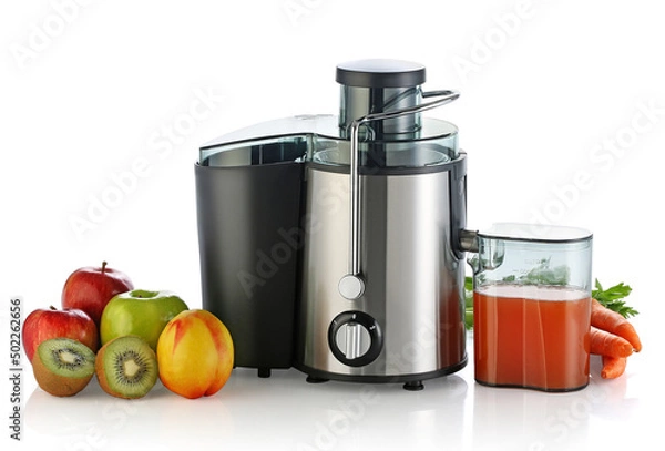 Obraz Elektryczna sokowirówka z owocami na białym tle