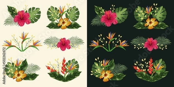 Fototapeta Set design element with tropical flowers hibiscus, heliconia and strelitzia, leaves palm and monstera. Vector on a light background