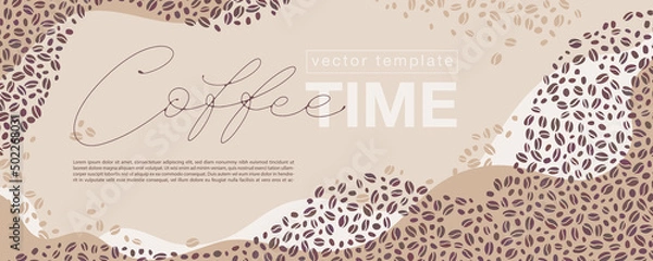Fototapeta Hand drawn horizontal banner for marketing campaign, advertising, promotions. Colored coffee beans and Coffee time lettering in the center with text boxes.