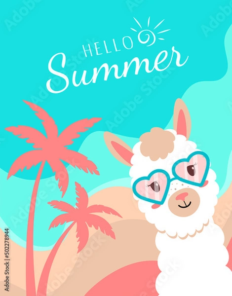 Fototapeta Vector poster with alpaca and palm trees. Sea, sun and sand. Lama with glasses, on the beach, seascape. Flyer hello summer. Flat style illustration.