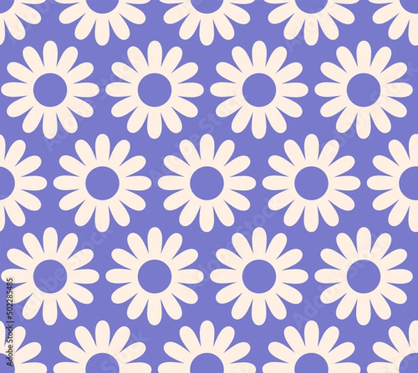 Fototapeta Cute cartoon groovy seamless pattern. 70s retro nostalgic textile design. Vintage geometric flowers 60s hippie style background. Floral checkerboard grid funny print.