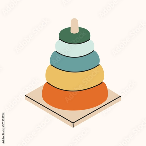 Fototapeta Wooden pyramid with colorful elements on a stand. Component of Montessori learning development. Game for kindergarten. Vector hand drawing