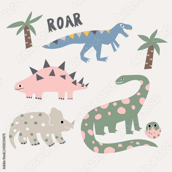 Fototapeta Set of cute dinosaurs. Vector hand drawn illustration in flat cartoon style. All elements are isolated.