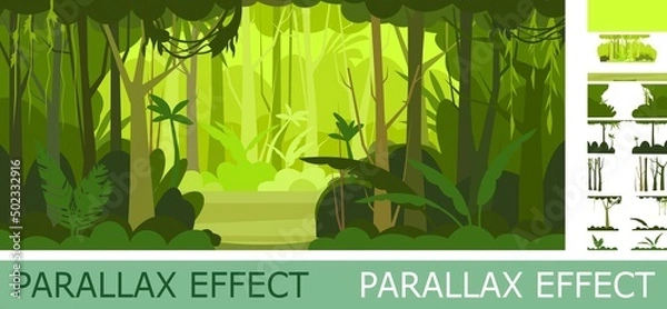 Fototapeta Jungle illustration with parallax effect. View on glade. Dense wild-growing tropical plants with tall, branched trunks. Rainforest landscape. Flat design. Cartoon style. Vector