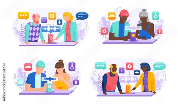 Fototapeta Voice assistant. Smart speaker virtual assistant, sound robot, people using voice controlled smart speaker. Voice activate digital assistant identification control contactless mobile device microphone