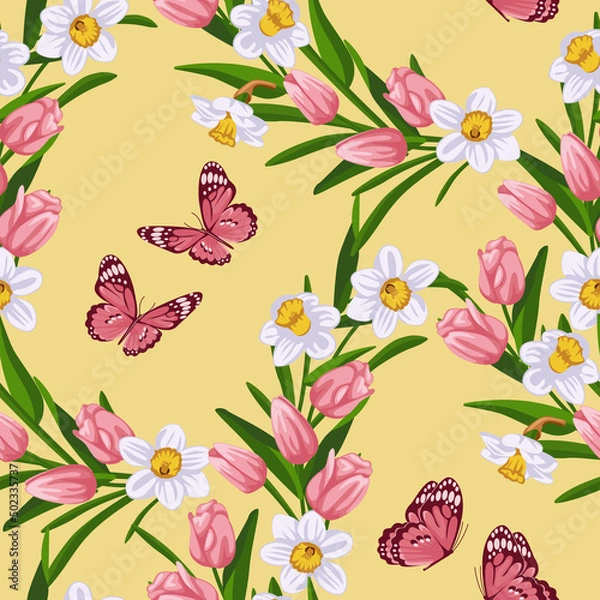 Fototapeta A bright pattern of butterflies and flowers