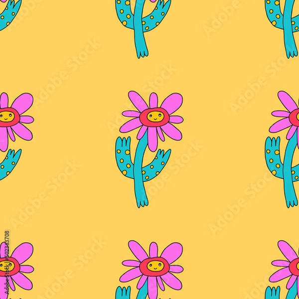 Fototapeta 1970 good vibes and 1970 daisy flower.vector psychedelic art - seamless pattern with hippie flowers.Funky and groovy floral ornament.Vibrant square textile with flowers dudes characters.	