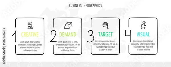 Fototapeta Vector line infographics with 4 rectangles. Business concept graphic process template with four steps and labels. Graphic timeline for step by step, levels, web, diagram, banner, presentations