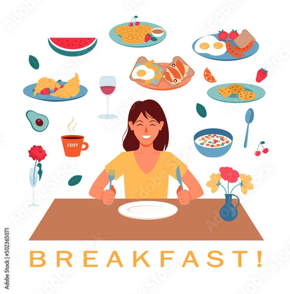 Fototapeta cute smiling girl with fork and knife in her hands sits at table with empty plate. Various types of breakfasts, drinks and decorations for self-composition of image. Food vector illustration.
