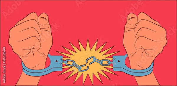 Fototapeta Two human hands, clenched into fists, break the handcuffs on them. Freedom concept. Retro style, line art, pop-art. Vector illustration.