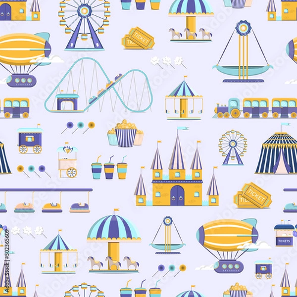 Obraz Pattern of amusement park. circus and fair with roller coasters, carousels, castle, hot air balloon. Vector illustration.