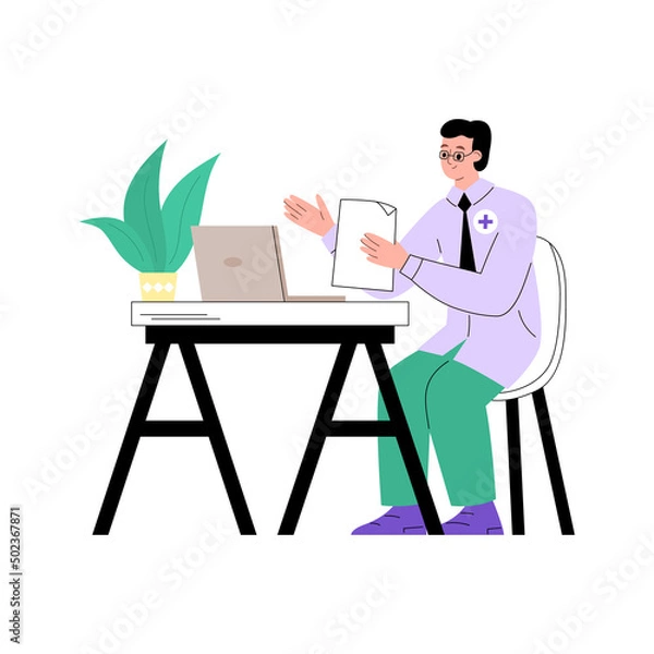 Fototapeta Therapist or medical specialist uses a laptop in work, flat vector isolated.